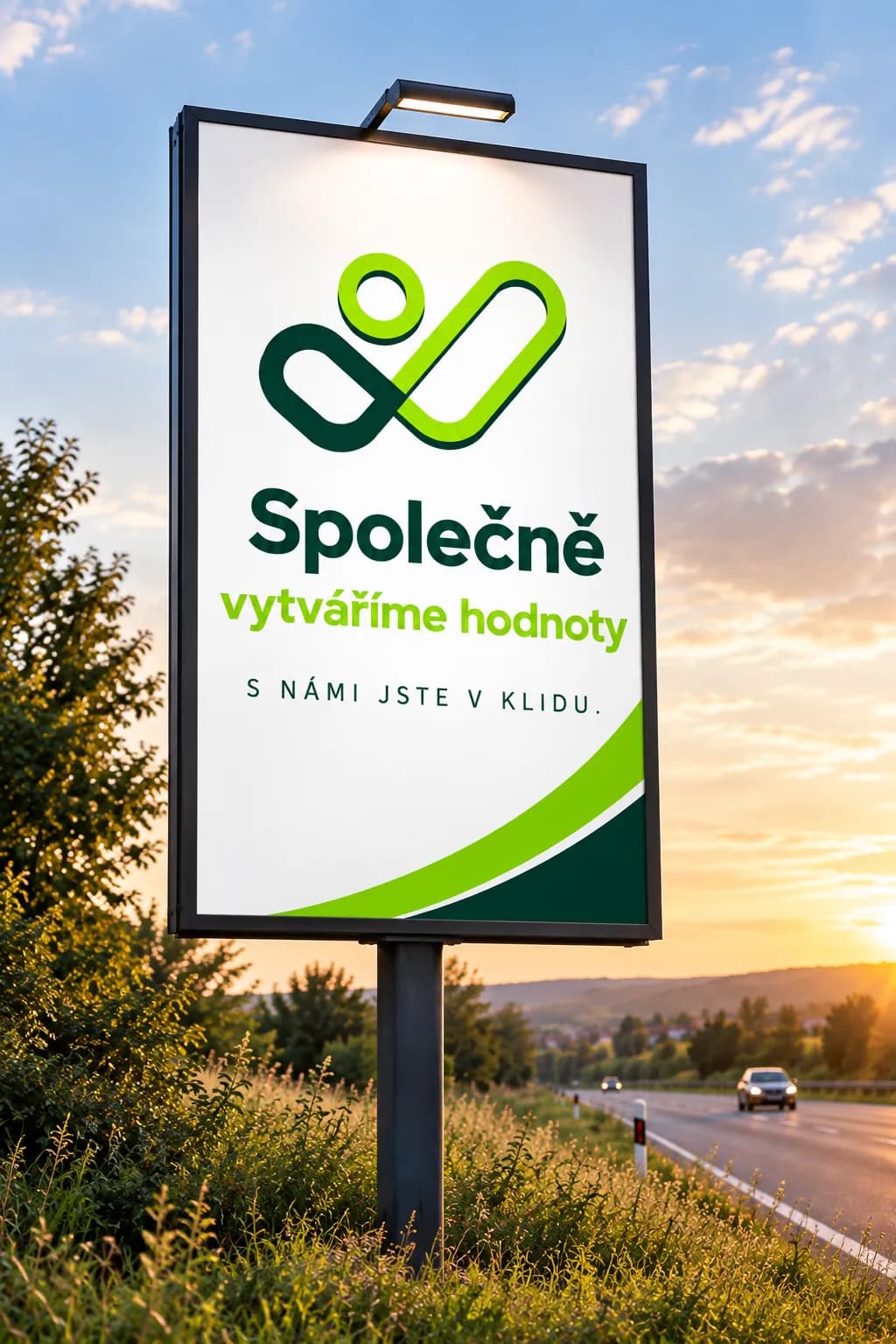 Billboard Pojistka v klidu u silnice při západu slunce